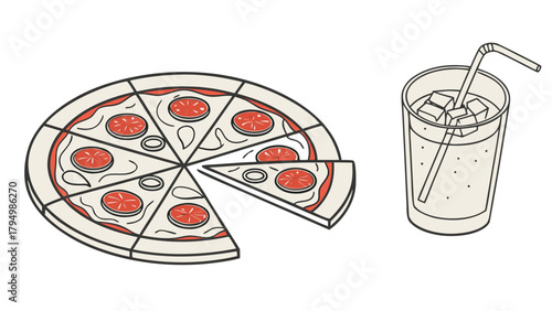 Stylized pizza with a slice removed next to a refreshing drink in a glass with ice and straw illustration