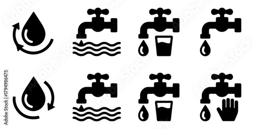 Set of water conservation icons black glyph vector symbols for environment protection isolated on white background