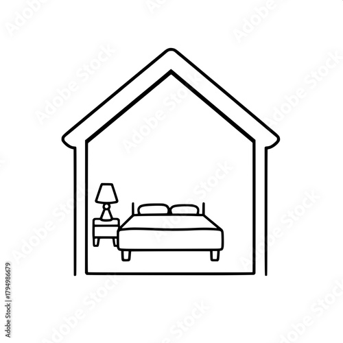 A stark black-and-white pictogram of a house shape with a rectangular roof and a square base, enclosing a minimal bedroom scene with a centered bed featuring a simple headboard and a bedside table wit
