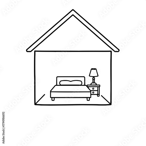 A stark black-and-white pictogram of a house shape with a rectangular roof and a square base, enclosing a minimal bedroom scene with a centered bed featuring a simple headboard and a bedside table wit