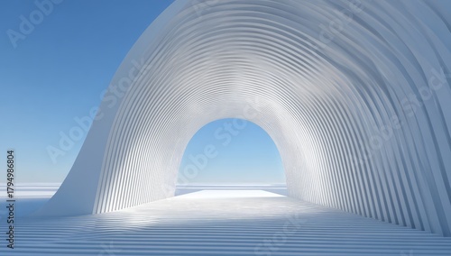 Fototapeta Naklejka Na Ścianę i Meble -  Abstract curved white structure forms an arched tunnel leading towards a bright horizon