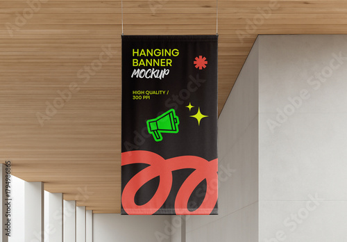 Hanging Banner Mockup Template – Realistic Vertical Advertising Display for Branding and Indoor Presentation