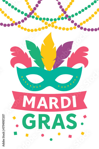 Mardi Gras Mask and Beads Carnival Celebration
