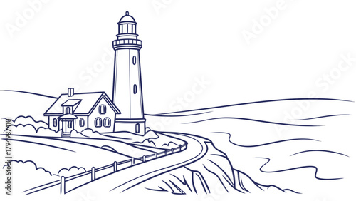 Scenic coastal lighthouse with charming house inspires nautical adventures and seaside serenity, originally vector art