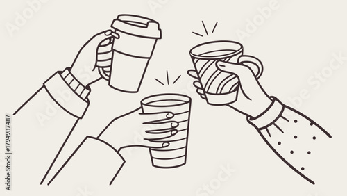 Dynamic coffee break cheers with friends, celebrating shared moments and connection in a modern, stylish way