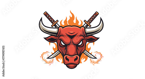A fierce red bull with crossed swords and flames, ready for battle.