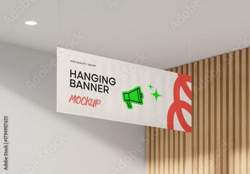 Hanging Horizontal Banner Mockup Template – Realistic Fabric Advertising Display for Indoor Branding and Modern Presentation