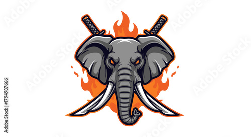 An illustration of an elephant head with crossed katanas and flames behind it.