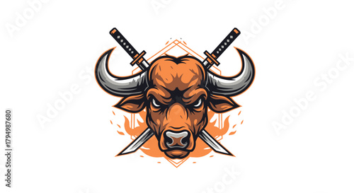 Illustration of a fierce bull head with crossed swords behind it, set against a geometric and flame-like background.