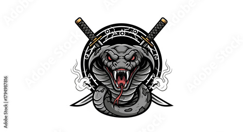 Cobra head with crossed swords, menacing expression, and smoke effects, set against a circular background.
