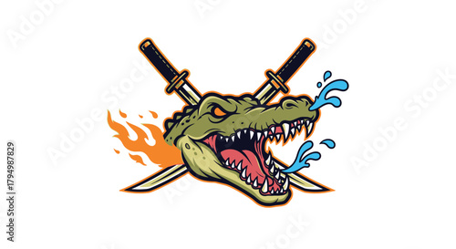 Fierce alligator with crossed swords, fire, and water spray, ready for action.