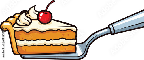 A slice of pie with whipped cream and a cherry on top served on a pie server