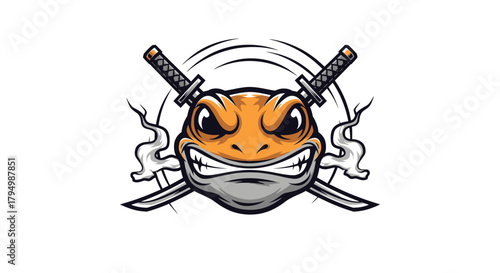 Fierce, cartoonish frog with crossed swords, showing an aggressive expression.