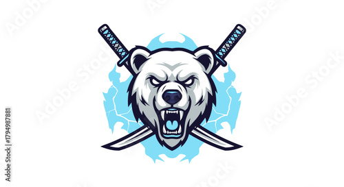 Fierce polar bear illustration with crossed swords, showing aggressive expression.