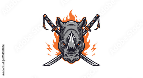 A stylized illustration of a rhino head with crossed swords and flames.