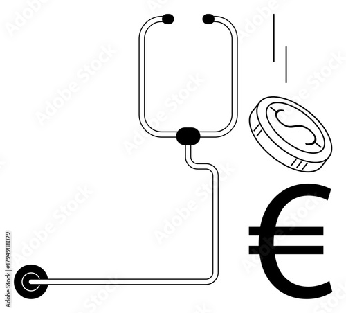 Medical IV bag connected to euro sign with falling coin depicts healthcare expenses, economic burden, financial wellbeing. Ideal for medical finance, healthcare pricing, insurance, treatment