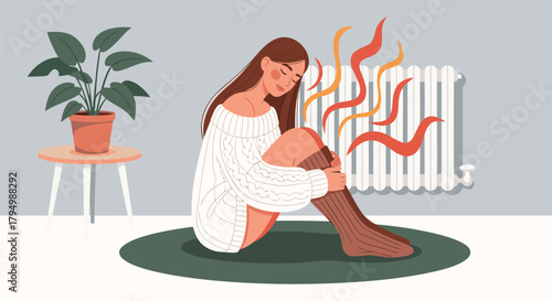 Cozy Woman Warms Herself by a Radiator Comfort and Relaxation in a Home Environment, Warmth & Peace