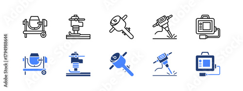 Construction and Concrete Tools with two styles, line and duotone icon.