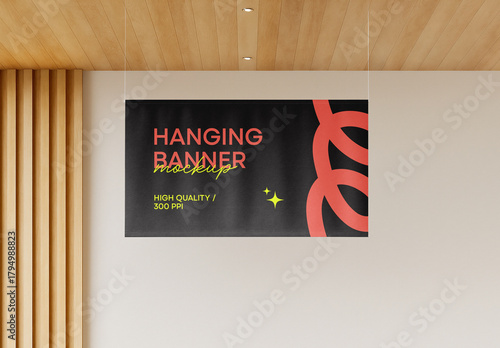 Hanging Horizontal Banner Mockup Template – Realistic Indoor Fabric Advertising Display with Wooden Ceiling and Modern Lighting