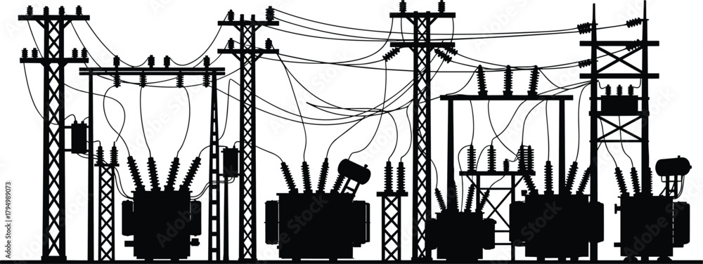 Fototapeta premium Silhouette vector illustration of transmission towers and transformers with power lines—electrical grid infrastructure, voltage system, energy distribution network layout design