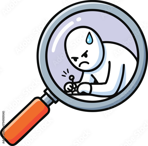 Concerned Stick Figure Under Magnifying Glass Examining Tiny Needle Carefully Worrying About Prick Accident Danger