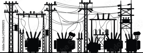 Silhouette vector illustration of transmission towers and transformers with power lines—electrical grid infrastructure, voltage system, energy distribution network layout design
