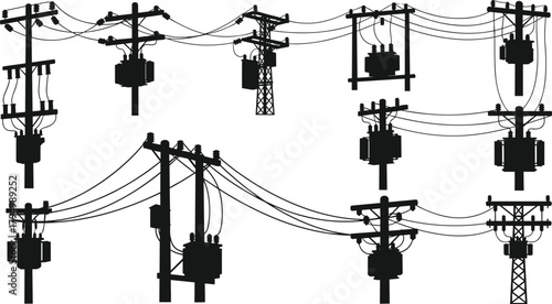 Silhouette vector illustration of electrical transformers on utility poles—power grid infrastructure, voltage system, energy distribution network layout for engineering reference
