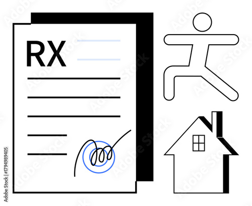 RX prescription paper with signature, human figure running and house symbol. Ideal for healthcare, lifestyle, home care, exercise, wellness programs, rehabilitation medical advice. A simple flat