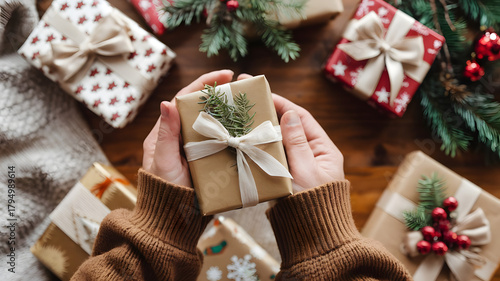 Hands holding a wrapped gift surrounded by holiday decorations and presents in a cozy setting