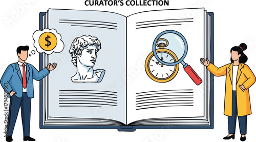 Man and woman examining ancient bust and clockwork with magnifying glass against open book background
