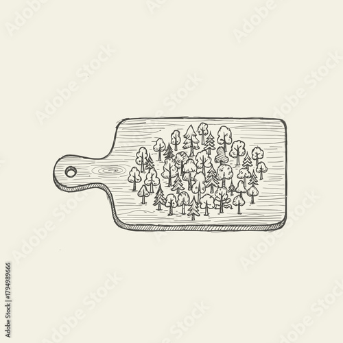 Whimsical forest scene artfully sketched on a rustic wooden cutting board, evoking nature's charm and culinary inspiration.