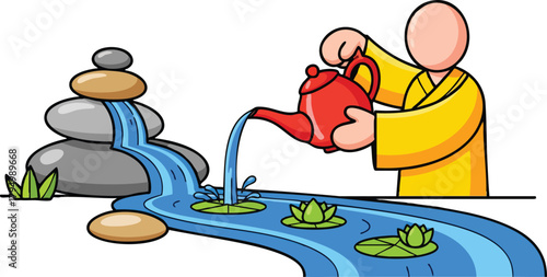 Person In Yellow Robe Pouring Water From Red Teapot Into Serene Water Stream With Lily Pads And Stacked Stones