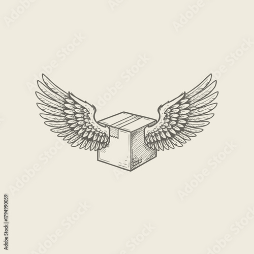 Swift delivery icon with feathered wings attached to a shipping box, symbolizing fast logistics and rapid transport for modern businesses