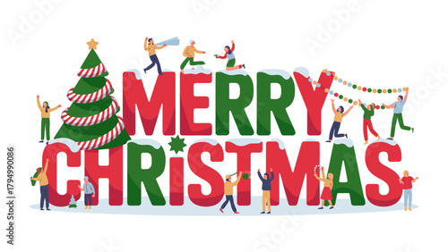 Merry Christmas Joy: Festive illustrations of miniature individuals, celebrating the season's magic with the big Merry Christmas letters, which symbolizes togetherness and holiday bliss.