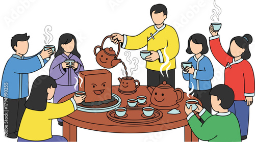 Diverse Group Enjoys Traditional Tea Ceremony With Steaming Teapots and Cups on Wooden Table