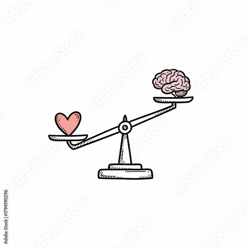 Balancing heart and brain on scales represents the crucial dilemma between emotion and logic in decision-making processes