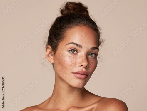 Studio beauty portrait of woman with natural freckles and radiant skin