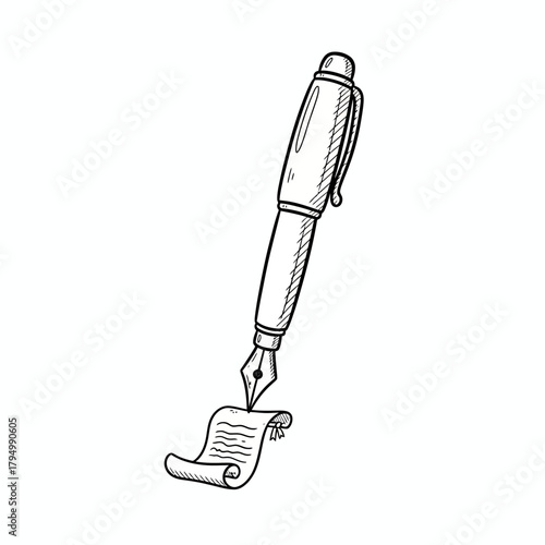 Elegant fountain pen poised to write on unfurling scroll, capturing timeless artistry and classic communication.