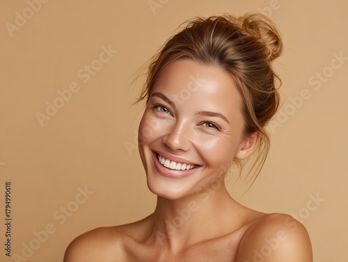 Bright close-up portrait of smiling woman with natural glowing skin