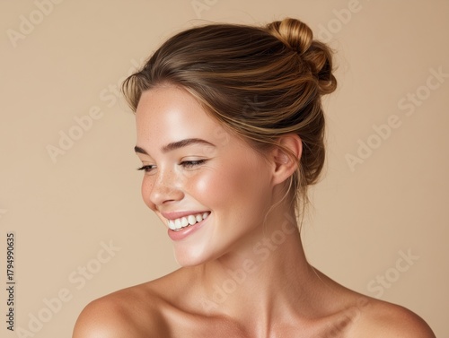 Close-up beauty portrait of woman with bronzed radiant skin