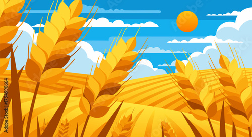 Golden Wheat Field Under A Bright Sunlit Sky With Fluffy Clouds, A Bountiful Harvest Ready Agriculture Landscape