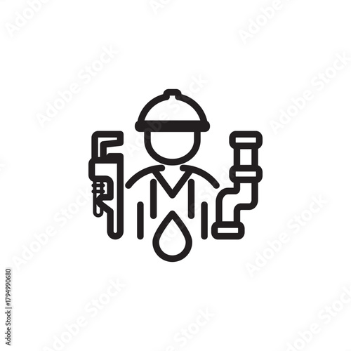 Plumber icon symbolizing pipe installation, maintenance, and fluid system repair, representing specialized utility trades personnel, modern civil engineering support staff, and field maintenance staff