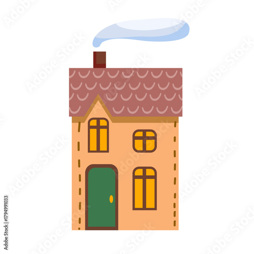 Cozy building with smoke coming from the chimney. Hand-drawn house in flat style. Residential estate, cottage, or villa.