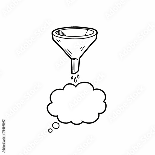 Capturing ideas through a funnel into a thought bubble symbolizes filtering information, concentrating concepts, or processing complex thoughts into clarity.