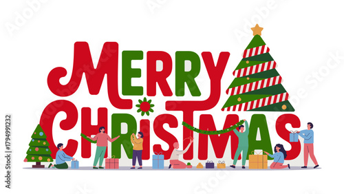 Festive Gathering: A group of individuals comes together in the spirit of togetherness to bring merry christmas celebration. Joyful group crafting gift boxes, building christmas tree