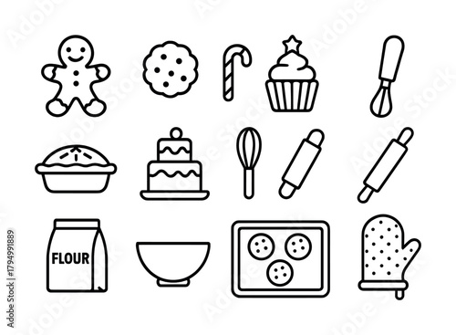Baking icons set: cookies, cupcake, whisk, rolling pin, oven mitt, flour, bowl