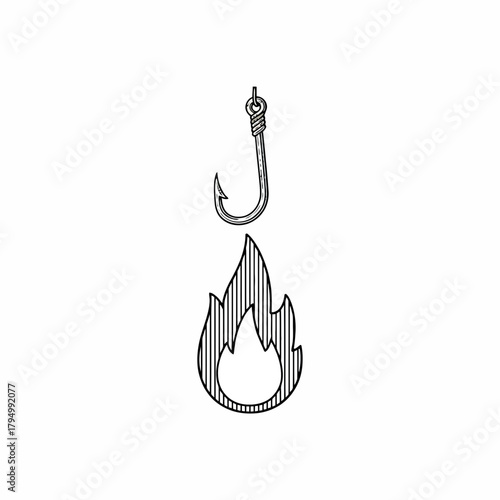 Fishing hook dangling precariously over a stylized flame, representing danger, temptation, or a critical situation in business.