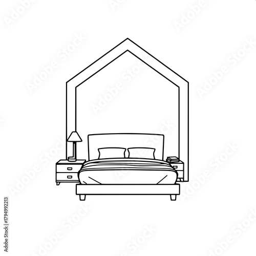 Monoline black icon showing a serene bedroom within a house frame, featuring a central bed with a sleek headboard and a lamp on a minimalist nightstand, illustrated in a flat, simple, and balanced sty