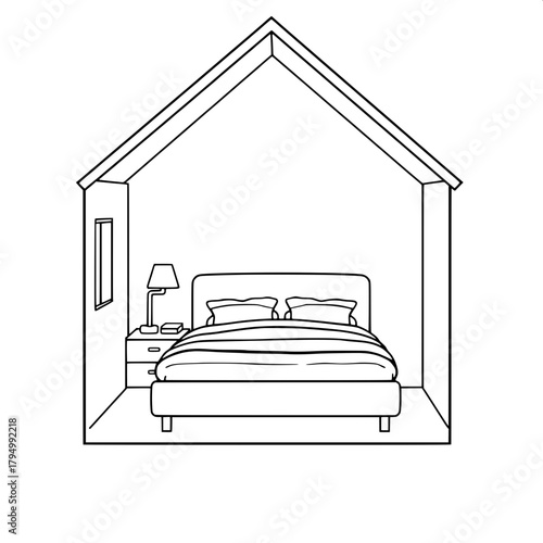 Monoline black icon showing a serene bedroom within a house frame, featuring a central bed with a sleek headboard and a lamp on a minimalist nightstand, illustrated in a flat, simple, and balanced sty