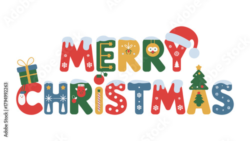 Christmas Joyful Message: A festive and vibrant display of Merry Christmas in colorful letters, adorned with holiday-themed illustrations. capturing the spirit of joy and the warmth of the season.